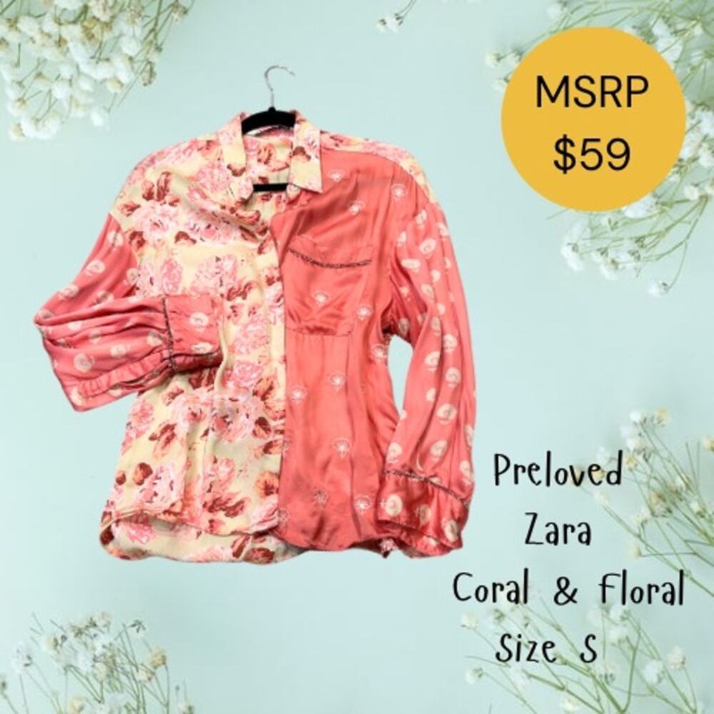 ZARA Coral Satin Mixed Floral Blouse Size S